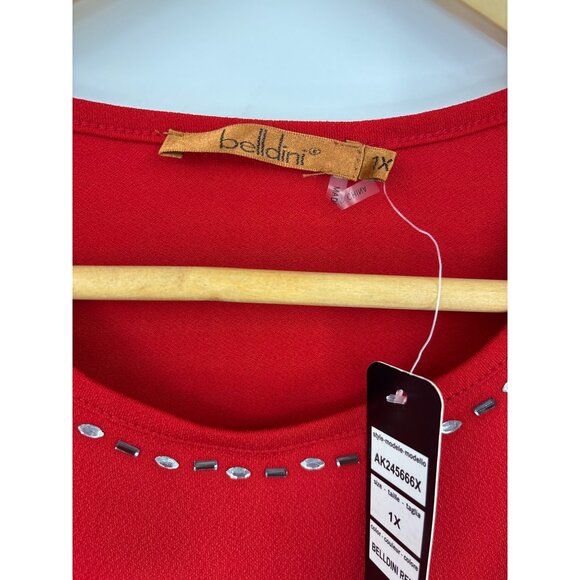Belldini Embellished Sheer Long Chiffon Sleeve Stretch Blouse Top Red 1X NEW - Picture 3 of 7